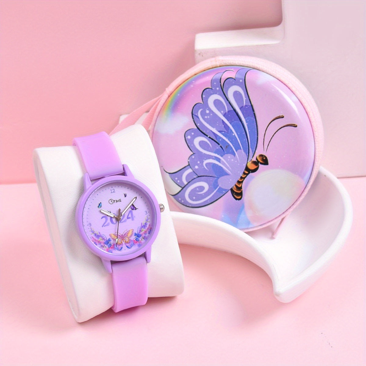 Girls' Butterfly Strap Watch Set with Coin Purse