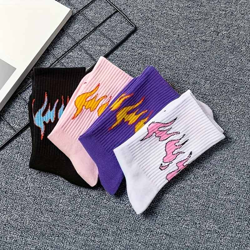 4 Pairs Flame Print Mid Tube Socks Women's Stockings