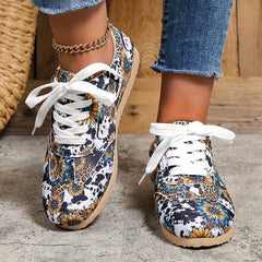 Cow & Sunflower Print Sneakers Casual Lace Up Shoes