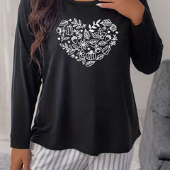Leaf & Nut Heart Print Long Sleeve Round Neck Sleepwear Tee