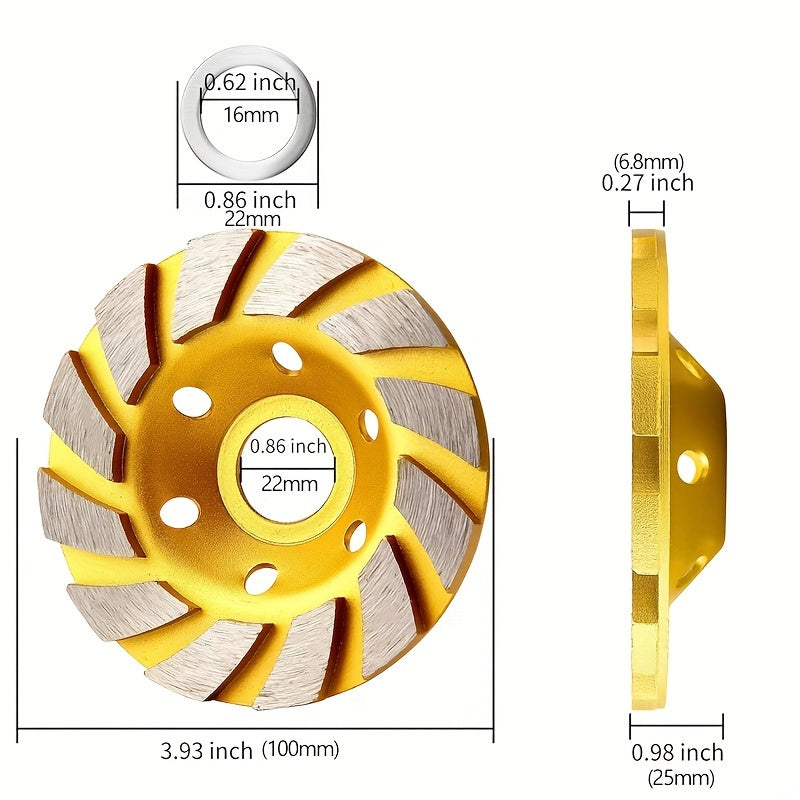 3pcs 10-16 Cm Turbo Diamond Grinding Cup Wheel 12 Segs Heavy Duty Grinder Yellow