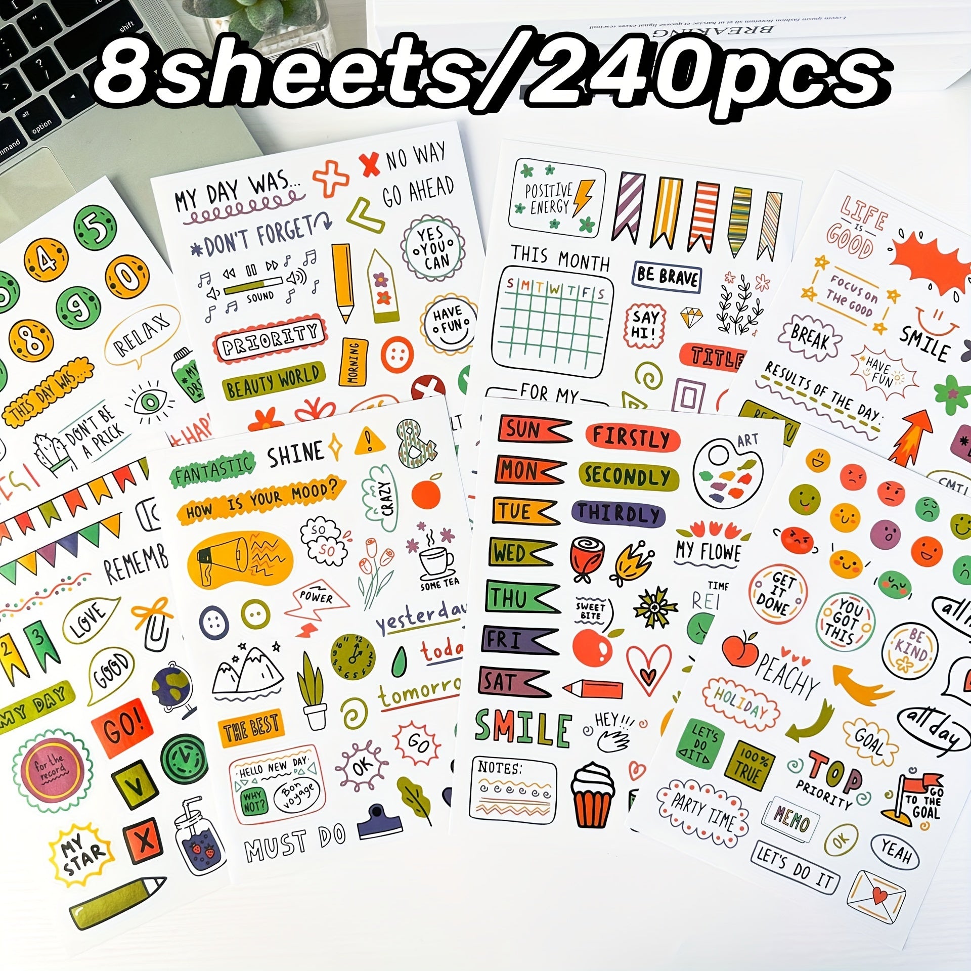 8 Sheets Hand Drawn Planner Stickers Set for Office, School, and Home Use