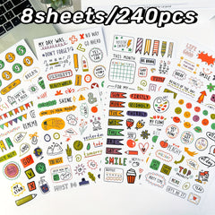 8 Sheets Hand Drawn Planner Stickers Set for Office, School, and Home Use