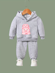 Kids 2pcs Piggy Family Print Hooded Pullover Pants Set For Spring Fall