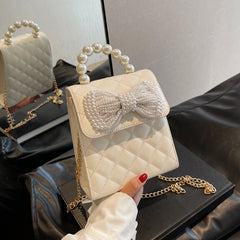Mini Faux Pearl Handle Shoulder Bag Bow Decor Chain Strap Crossbody Bag