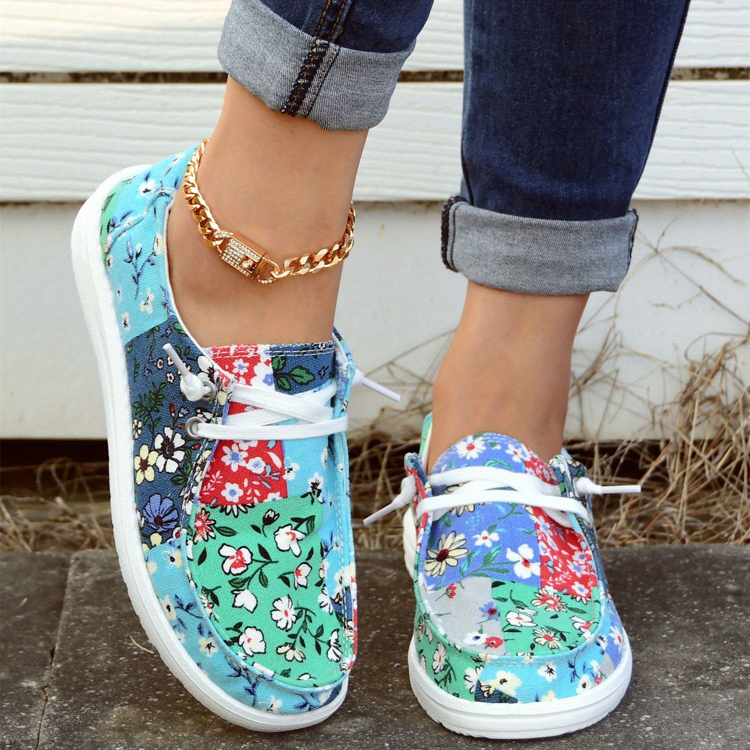 Flower Patchwork Boat Shoes Lace Up Anti slip Walking Shoes Women's Footwear