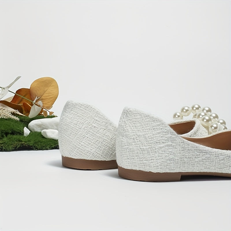 Women's Pointed Toe Flat Shoes with Faux Pearl Bowknot