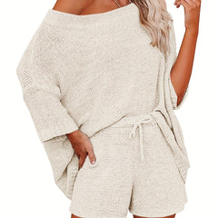Slanted Shoulder Loose Tops & Drawstring Wide Leg Shorts Set