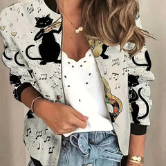 Graphic Print Zipper Jacket Baseball Neck Outerwear