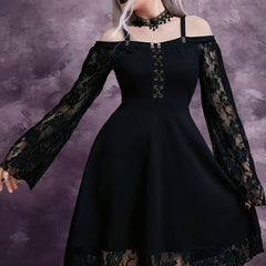 Gothic Dress Contrast Lace Grommet Lace Up Cold Shoulder