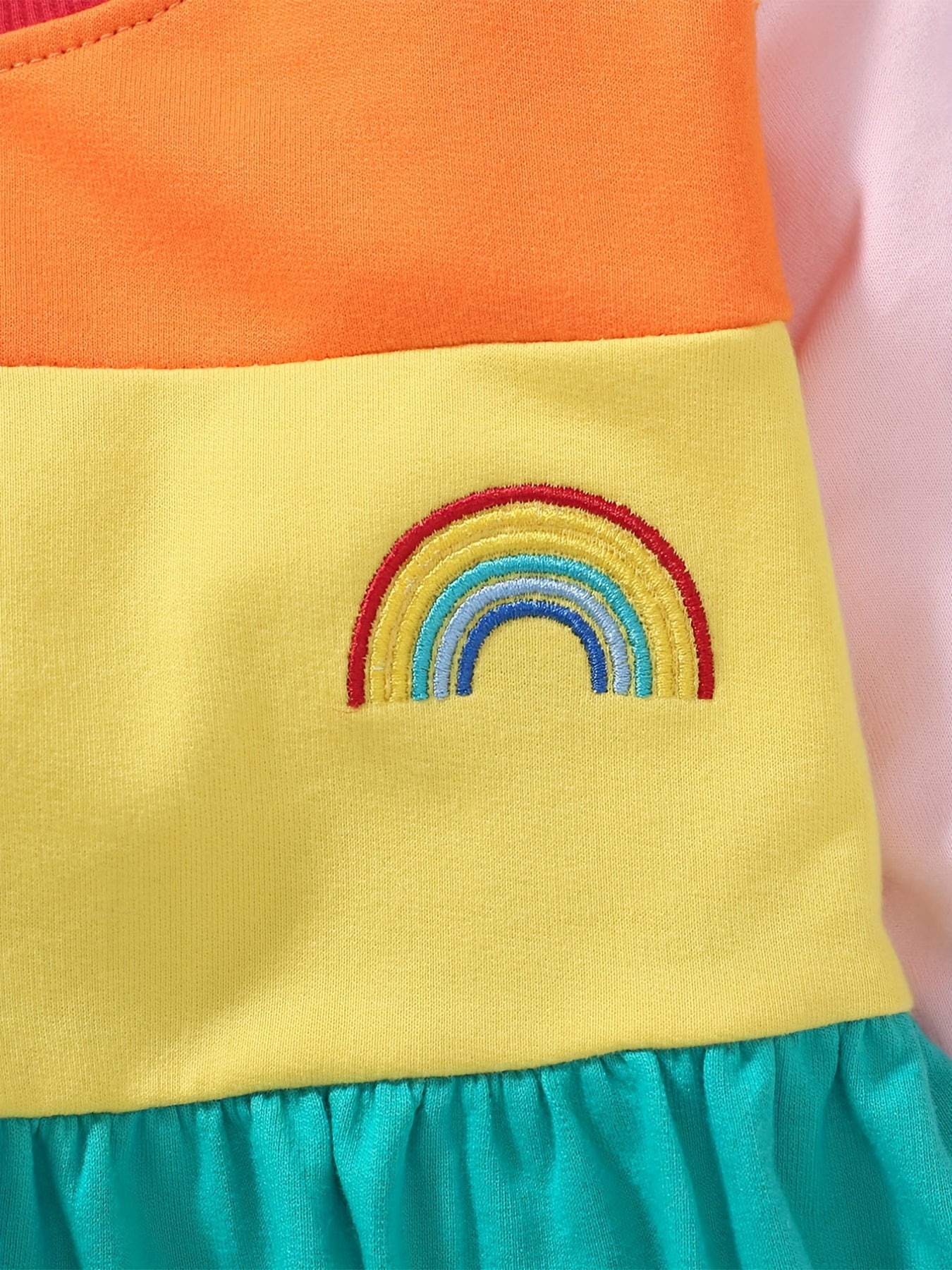 Girl's Rainbow Colorblock Stitching Embroidery Long Sleeve Dress