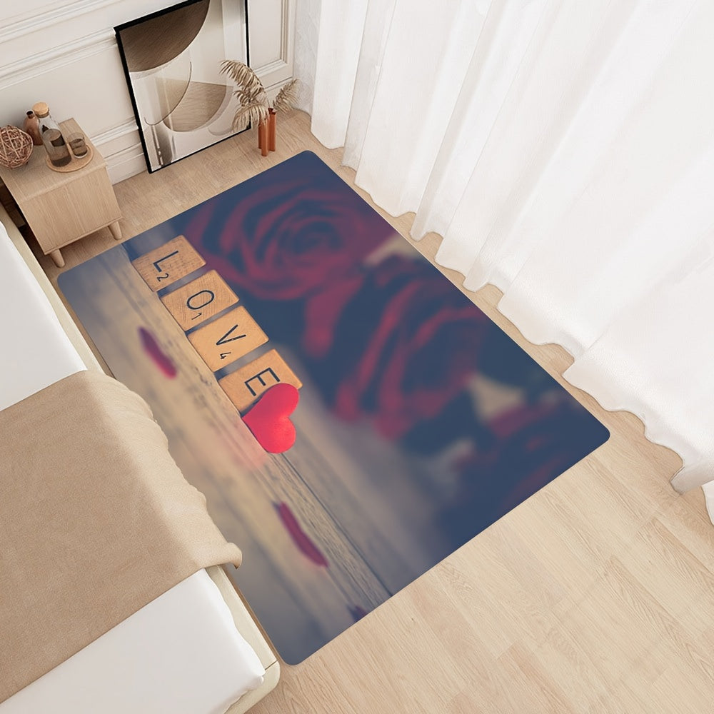 Romantic Letter Print Rug Red Rose Heart Washable Kitchen Dining Room Decor