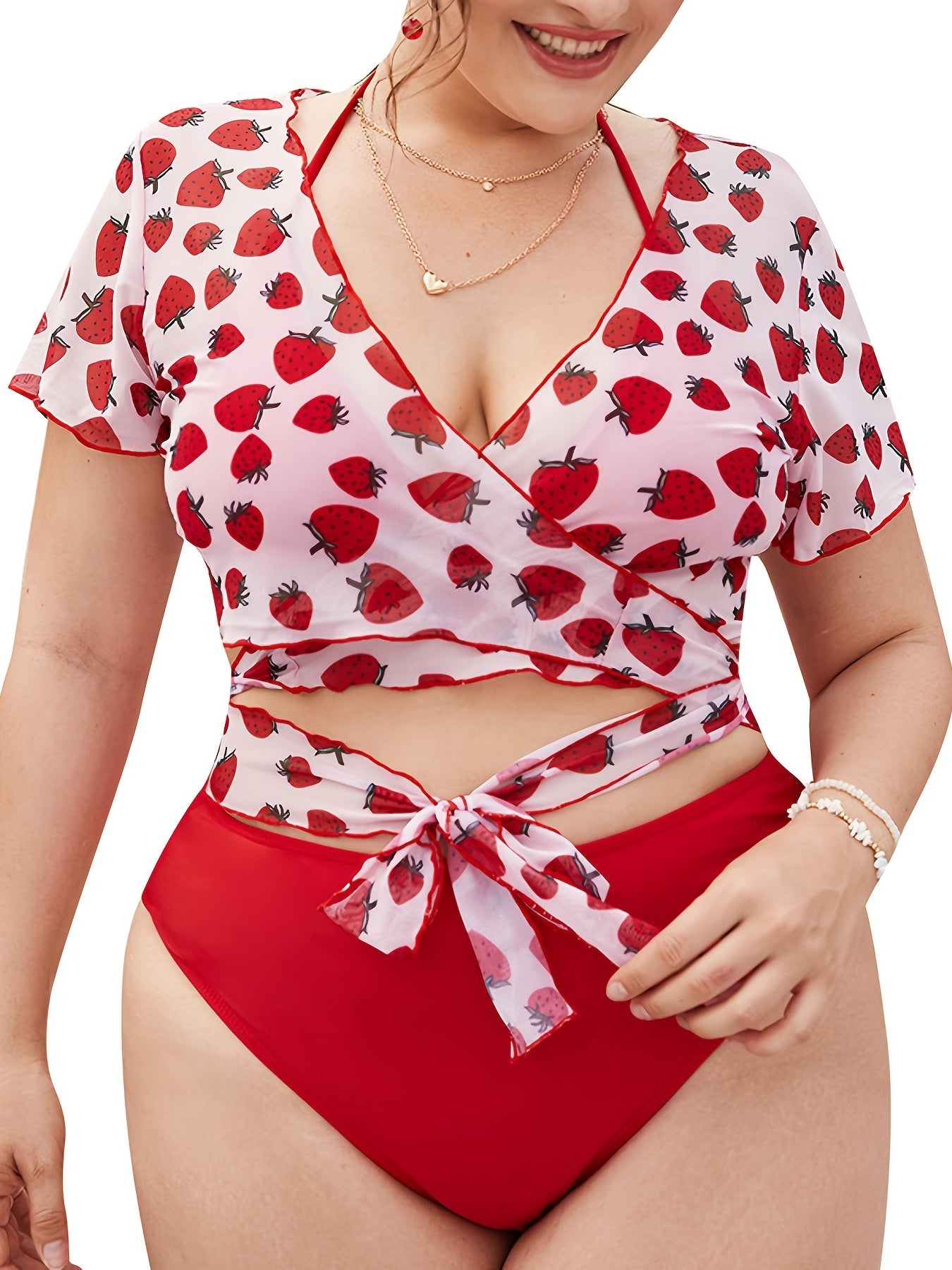 Strawberry Print Swimsuit Set High Stretch 3pcs Set