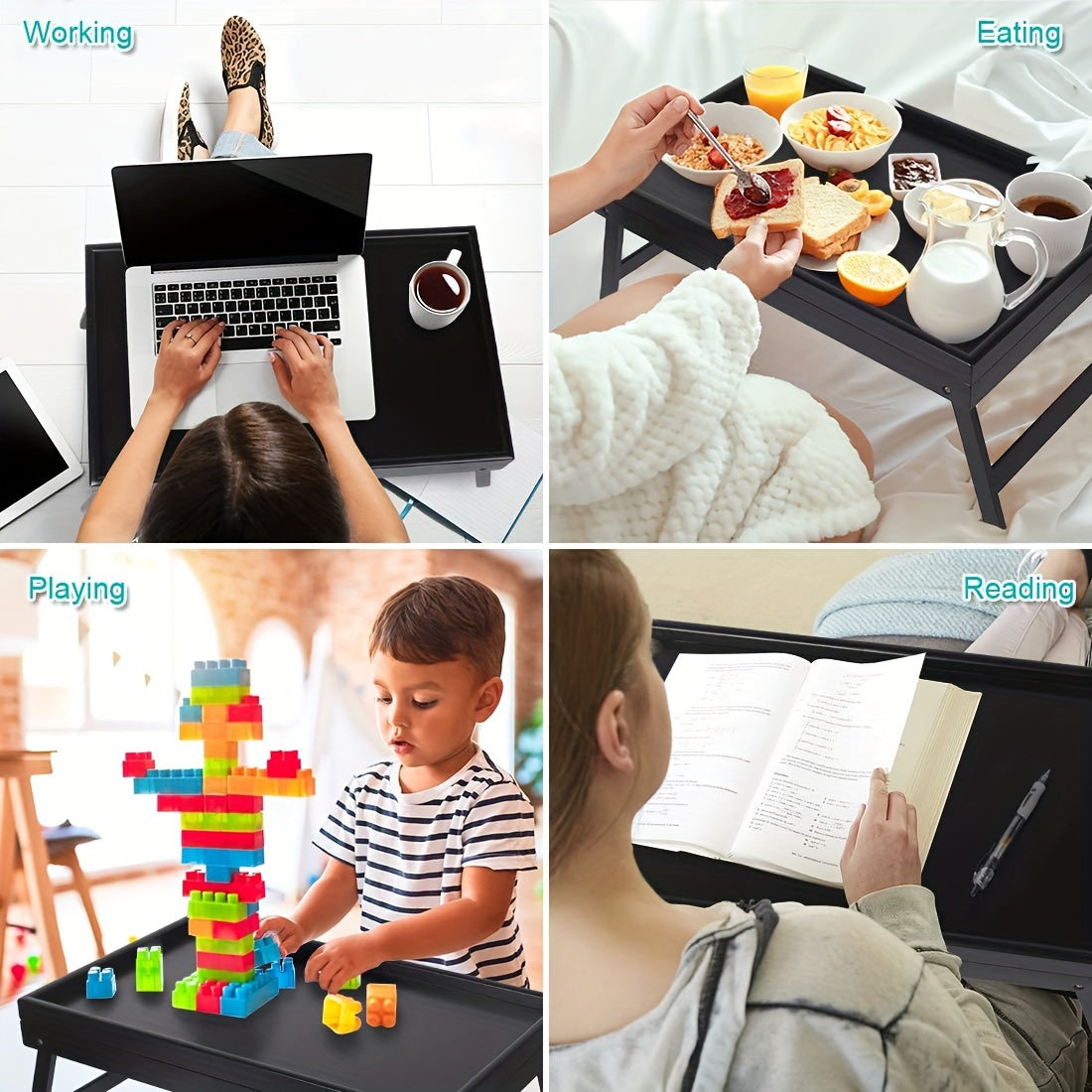 Wooden Bed Tray Table Folding Legs Serving Breakfast TV Laptop Snack Tray