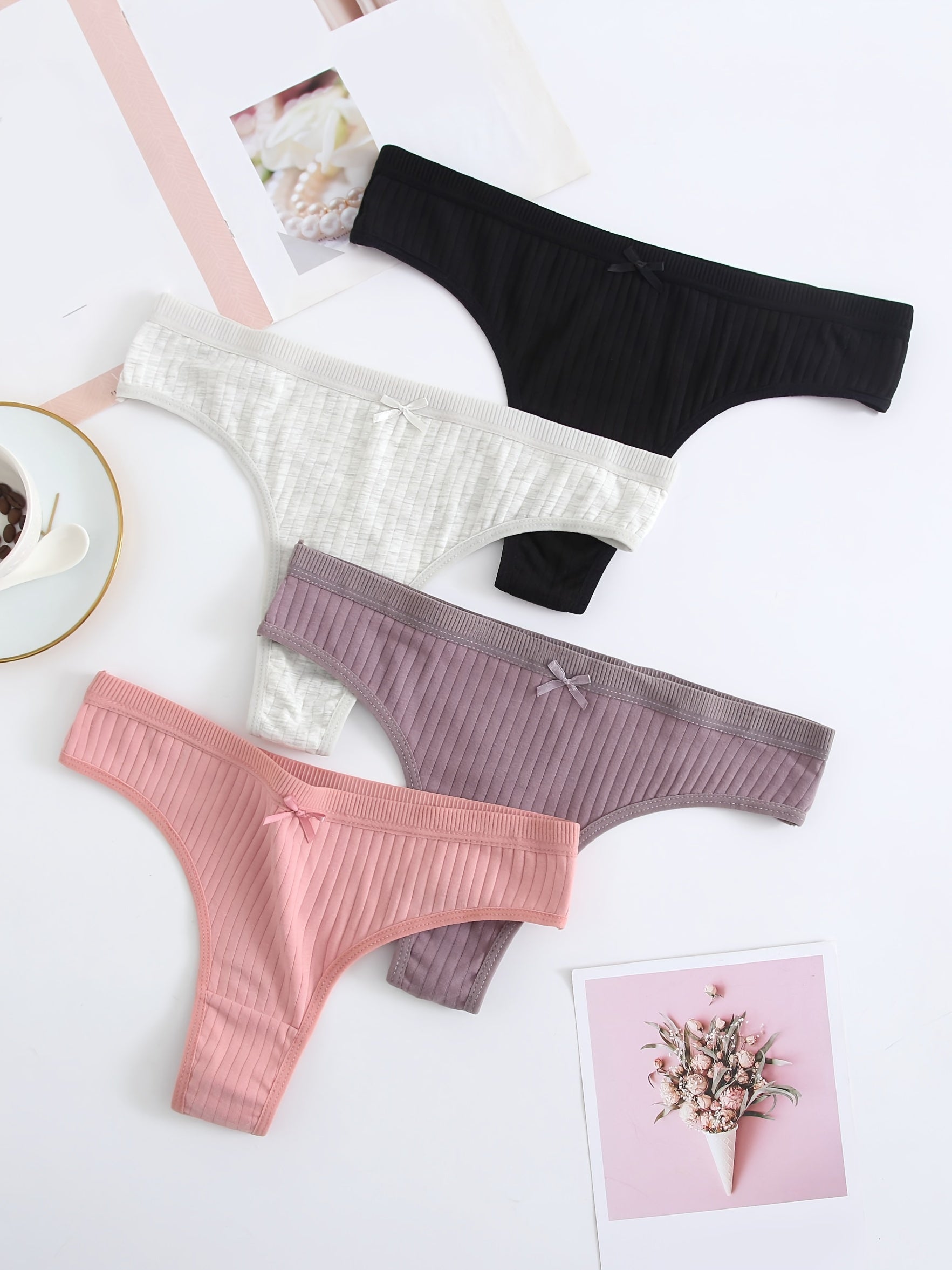 4 Pairs Solid Cotton G Strings & Thongs