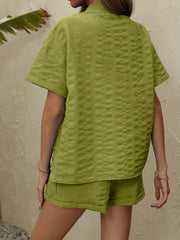 Textured Blouse Set Button Short Sleeve Blouse & Elastic Shorts