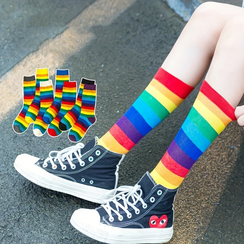 7 Pairs Rainbow Striped Socks Mid Tube Women's Stockings