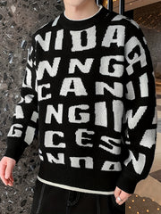 Knitted Letter Print Sweater Men's Casual Round Neck Pullover Sweater