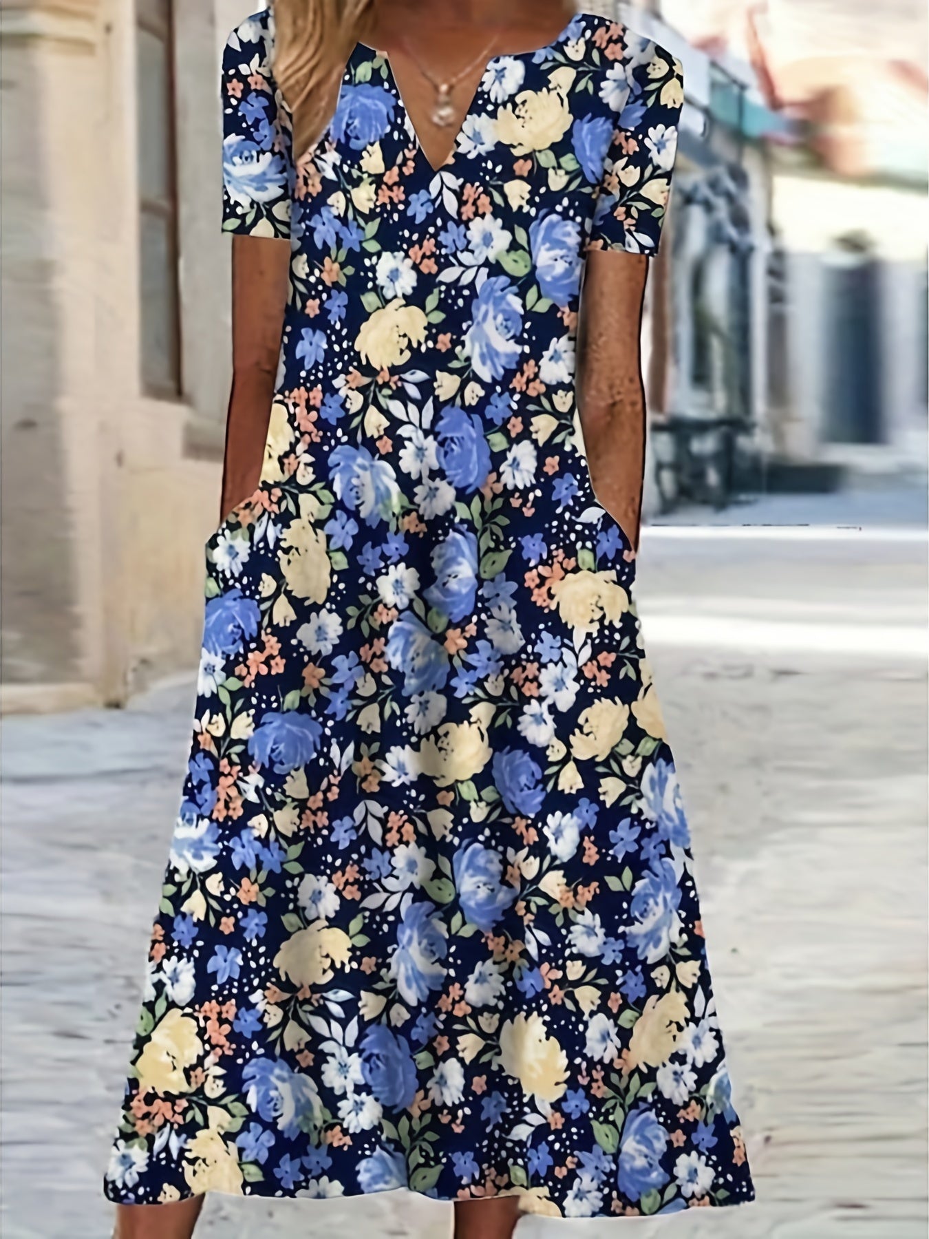 Maxi Dress Notched Neck Short Sleeve With Pockets