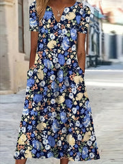 Maxi Dress Notched Neck Short Sleeve With Pockets