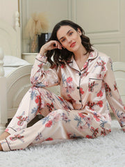 Women's Satin Floral Print Pajama Set Long Sleeve Button Up Tops & Pants