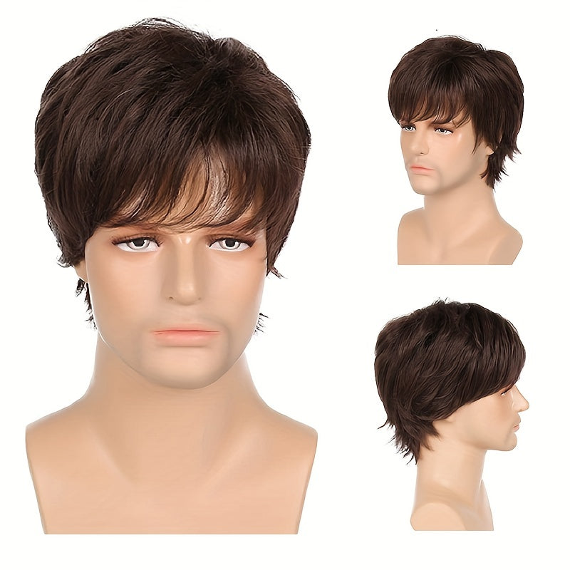European American Handsome Wig Men's Brown Short Straight Hair