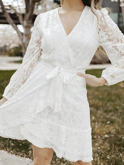 V Neck Ruffle Dress Long Sleeve Tie Waist Women's Clothing