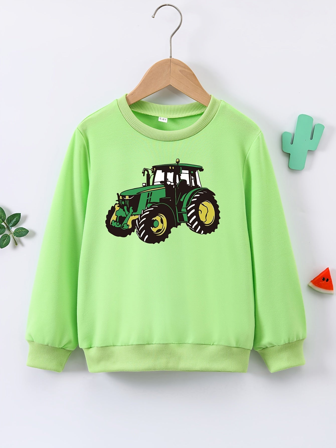 Cartoon Tractor Print Boys Casual Pullover Sweatshirt Long Sleeve Crew Neck Tops