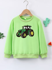 Cartoon Tractor Print Boys Casual Pullover Sweatshirt Long Sleeve Crew Neck Tops
