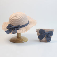 2pcs Girls Straw Hat & Coin Purse Wide Brim UV Protection Kids Accessories