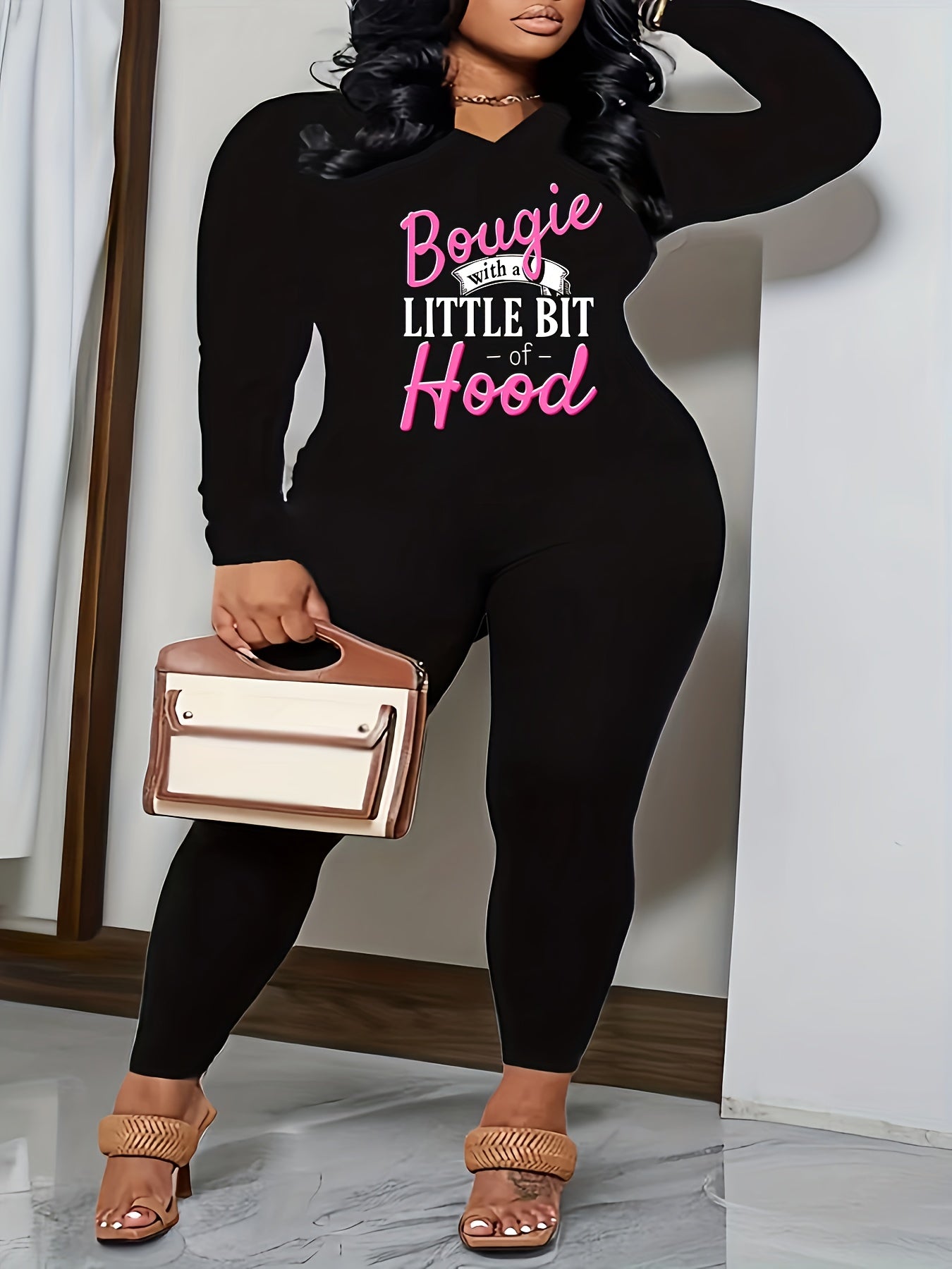 Plus Skull Print Long Sleeve V Neck Top & Leggings Outfit Set