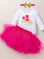 3pc Baby Girls Long Sleeve Onesie Set with Mesh Skirt & Headband