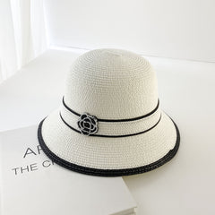 Camellia Decor Sun Hat French Style Straw Bucket Hat Outdoor Sunshade