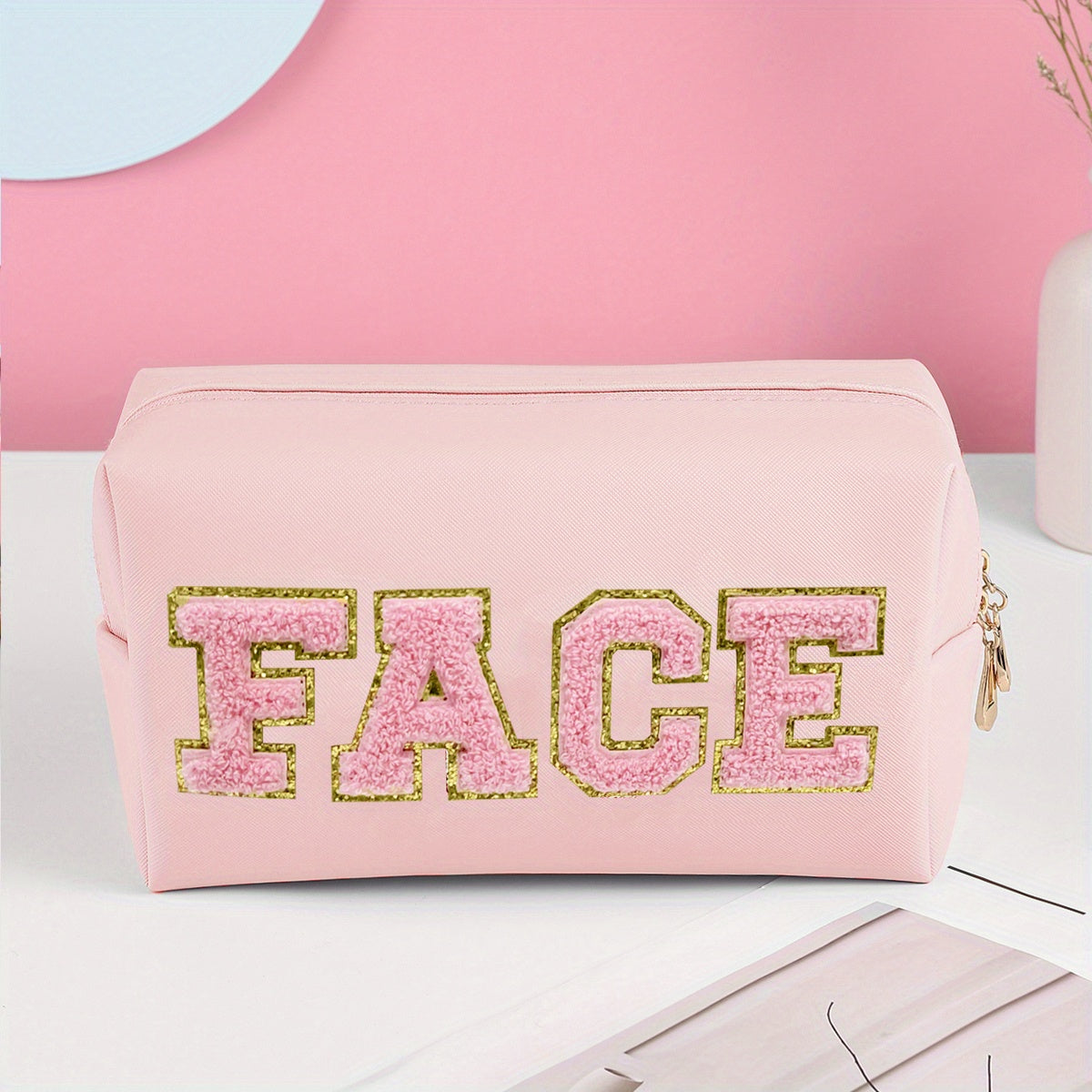 Preppy Patch Cosmetic Bag PU Leather Makeup Zipper Pouch