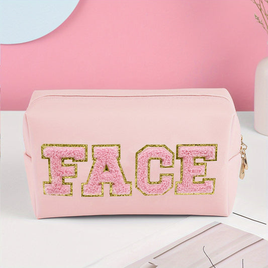 Preppy Patch Cosmetic Bag PU Leather Makeup Zipper Pouch