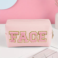 Preppy Patch Cosmetic Bag PU Leather Makeup Zipper Pouch