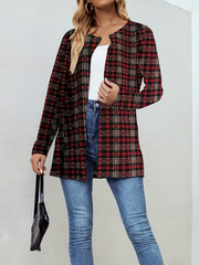 Plaid Print Open Front Jacket Long Sleeve Outerwear