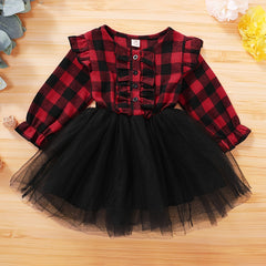 Girls Plaid Button Tulle Tutu Patchwork Princess Dress