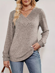 Solid Ribbed Knit Long Sleeve Wrap V Neck Top