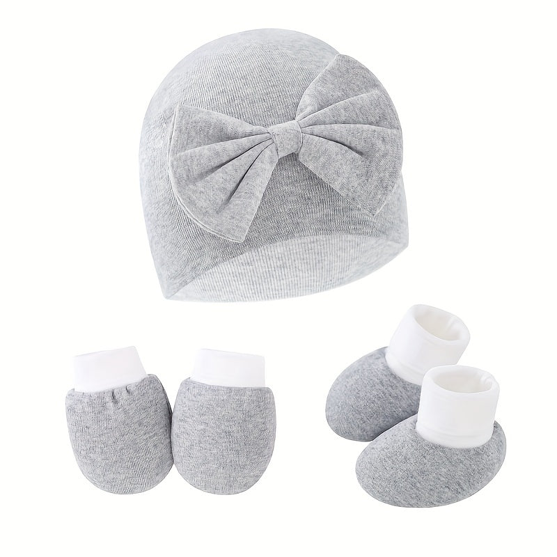 Newborn Baby Set: Hat with Bow, Mittens, Non-Slip Socks