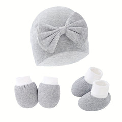 Newborn Baby Set: Hat with Bow, Mittens, Non-Slip Socks