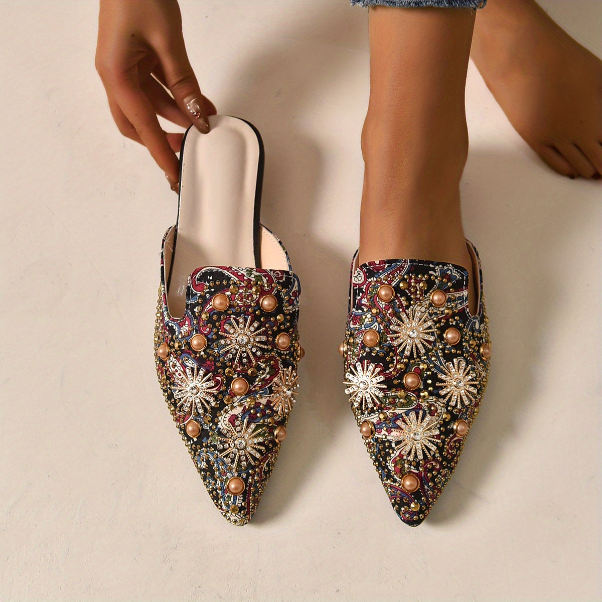 Women's Rhinestone Flat Mules Pointed Toe Slip On Shoes