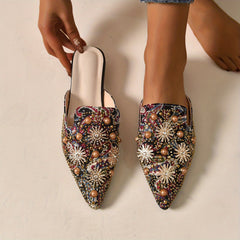 Women's Rhinestone Flat Mules Pointed Toe Slip On Shoes