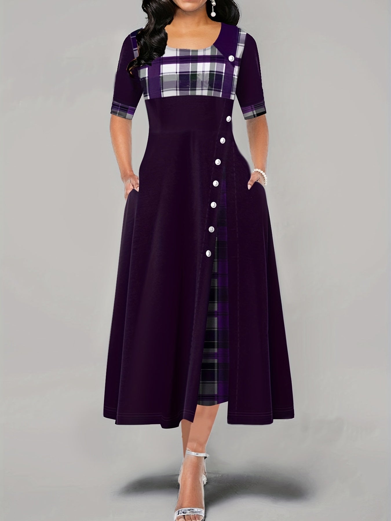 Plaid Print Splicing Dress Casual Crew Neck Short Sleeve Summer Asymmetrical Dre