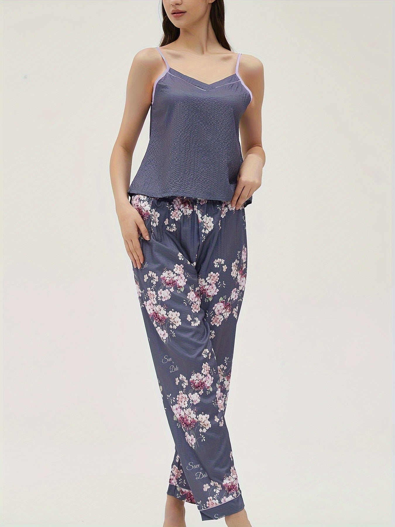 Floral Print Pajama Set V Neck Cami Top & Elastic Waistband Pants