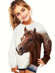 Girls Casual Pony Graphic Crew Neck Long Sleeve T shirt Spring Fall Gift