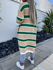 Striped Open Front Sweater Cardigan With Pockets
