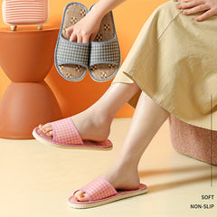 Women's Linen Slippers Comfy Open Toe Non Slip Shoes Indoor Mute Slippers