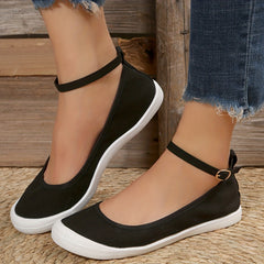 Women's Black Canvas Casual Buckle Strap Flat Shoes