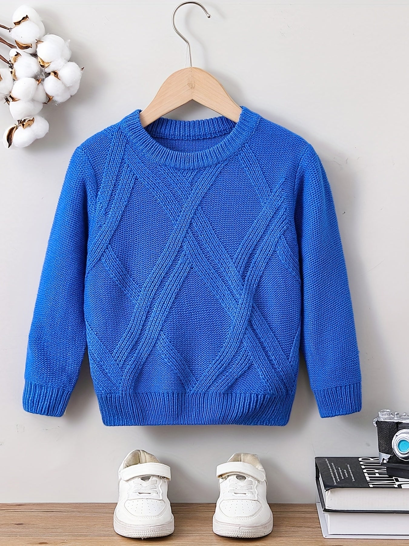 Boys Solid Sweater Round Neck Long Sleeve Stretch Warm Knit Pullover